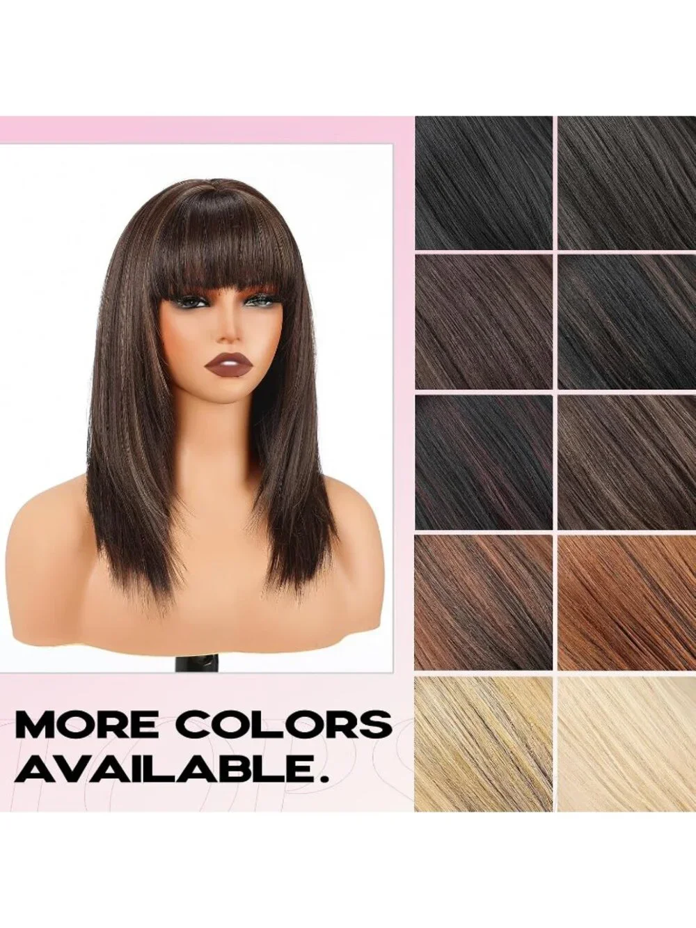 Women's 16 Inch Brown Gold Highlight Wig Bangs Layered Straight Shoulder Length